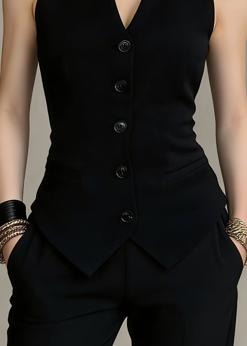 Black V Neck Button Top Summer
