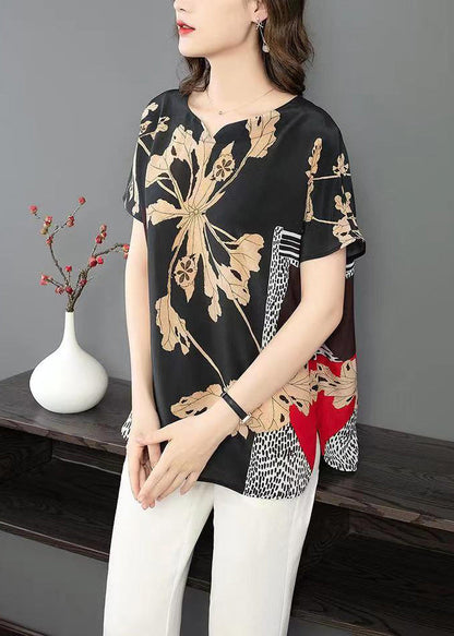 Black Print Side Open Patchwork Silk T Shirt Summer