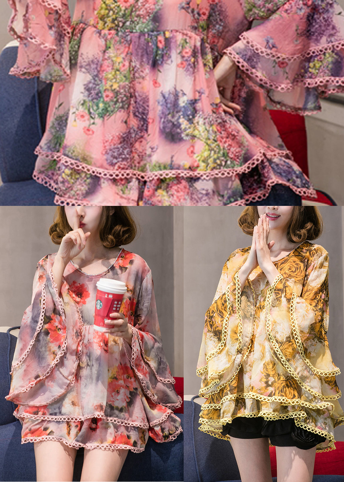 Pink O-neck Print Chiffon Top Long Sleeve