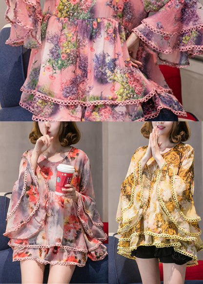 Classy Yellow Print Chiffon Tops Flare Sleeve
