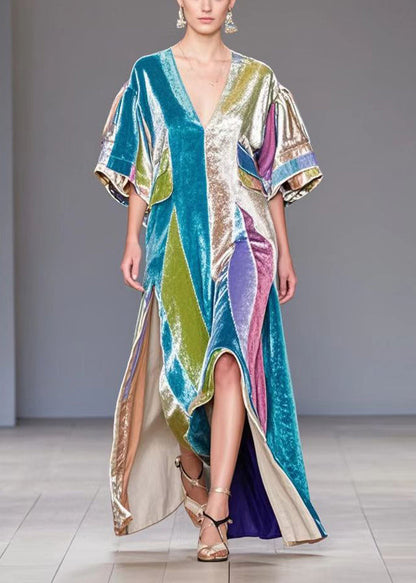 Colorblock Asymmetrical Side Open Silk Velour Long Dress Fall