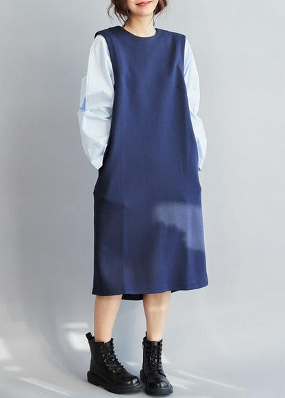 Classy False Two Pieces Cotton Spring Dress for Design Blue Dresses