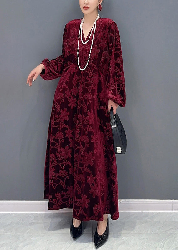 Black V Neck Jacquard Patchwork Velour Dresses Fall