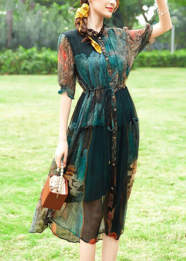 Green Ruffled Print Silk Cinched Dresses Summer