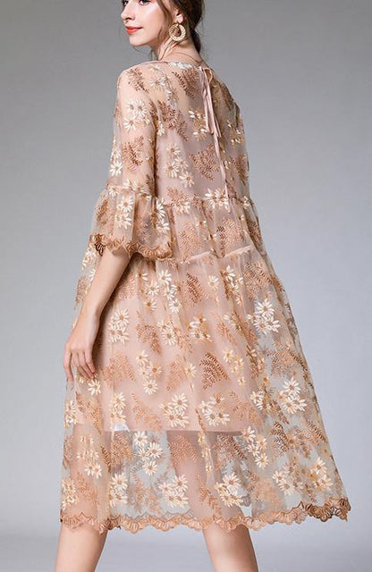 Beige Embroidery O-neck Summer Holiday Dress