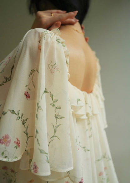 U Neck Ruffled Print Chiffon Long Dress Summer