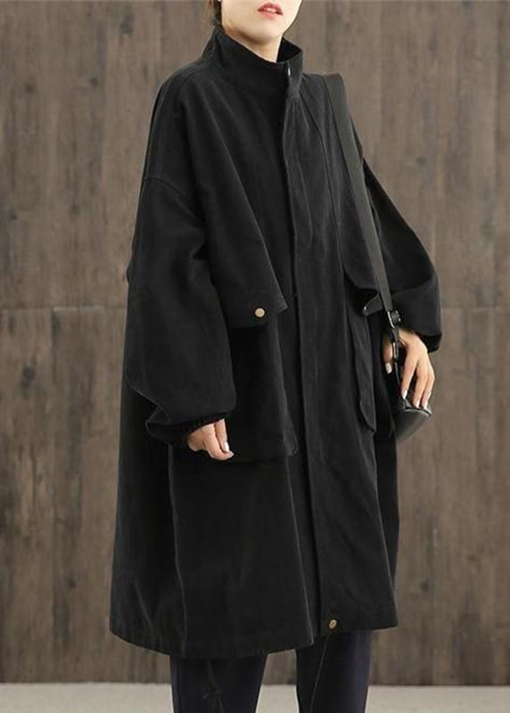 Green Peter Pan Collar Zippered Pockets Trench Coats Cotton Long Sleeve