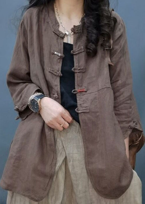 Chocolate Mandarin Collar Button Cotton Linen Coat Long Sleeve