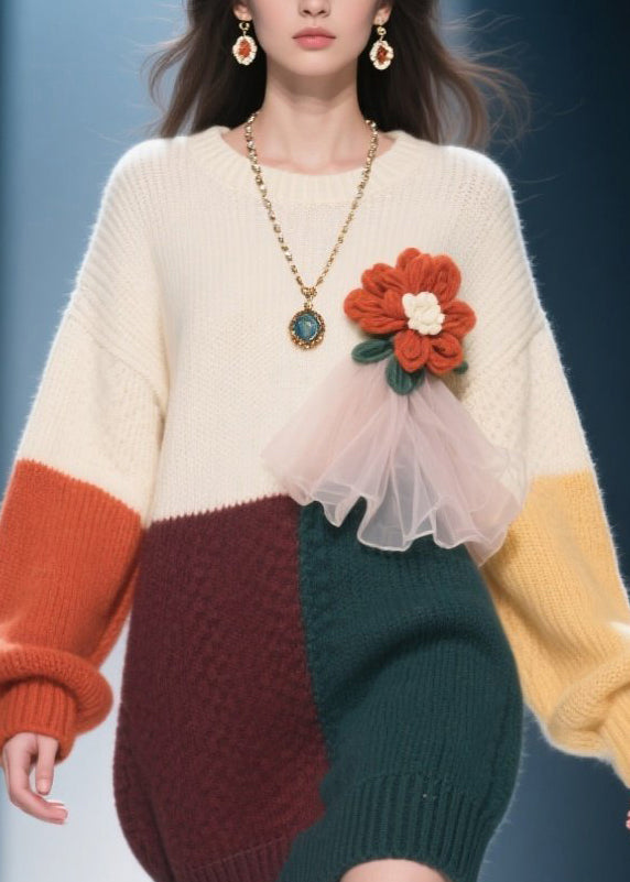 Natural Colorblock O Neck Knit Sweater Dress Winter