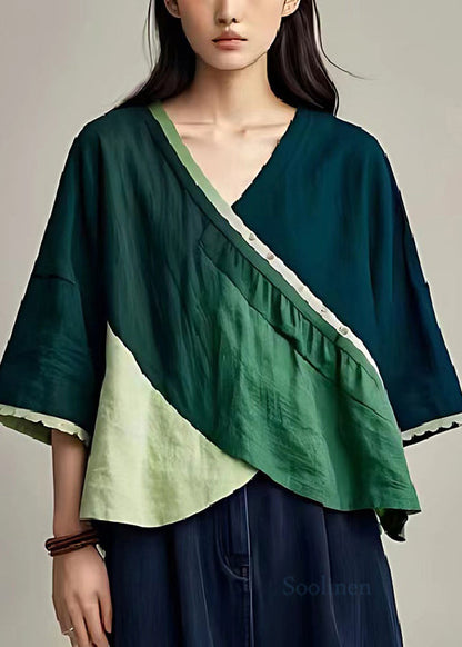 Green V Neck Patchwork Linen Top Summer