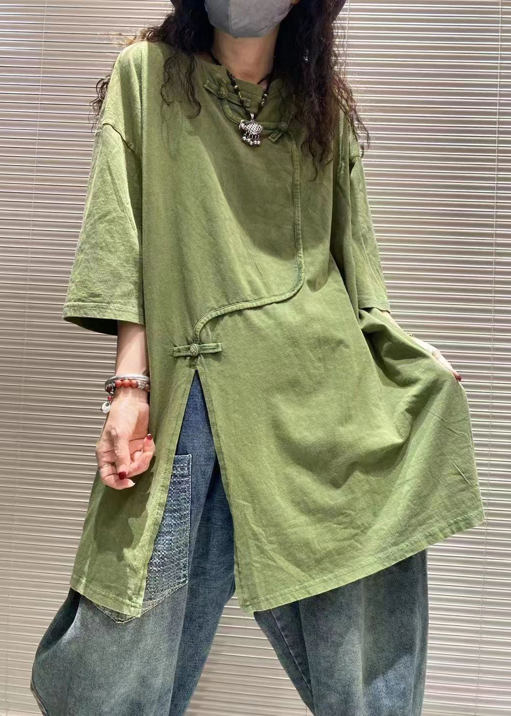 Coffee Asymmetrical Chinese Button T Shirts Summer
