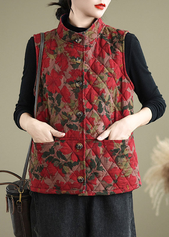 Red Print Pockets Fine Cotton Filled Vest Sleeveless