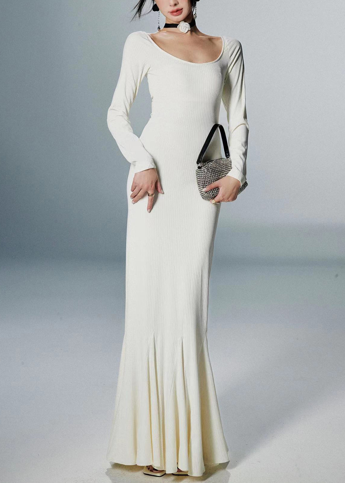 White Cotton Fall Fishtail Dresses O Neck