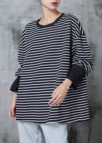 Black Zip Up Striped Cotton Pullover Spring