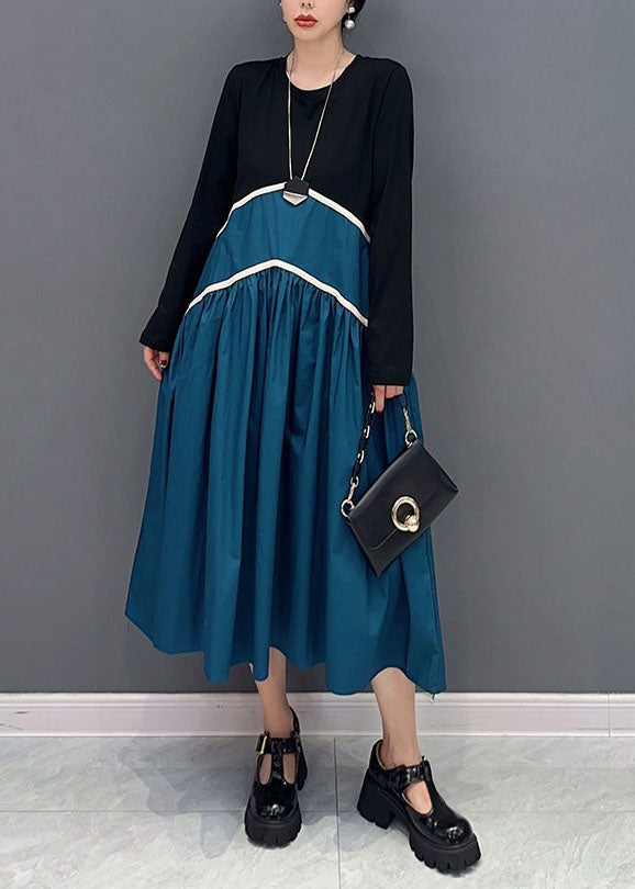 Blue Patchwork Cotton a Line Dresses Wrinkled Exra Large Hem Spring