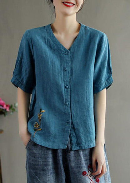 Loose Pink V Neck Embroideried Summer Cotton Blend Shirt