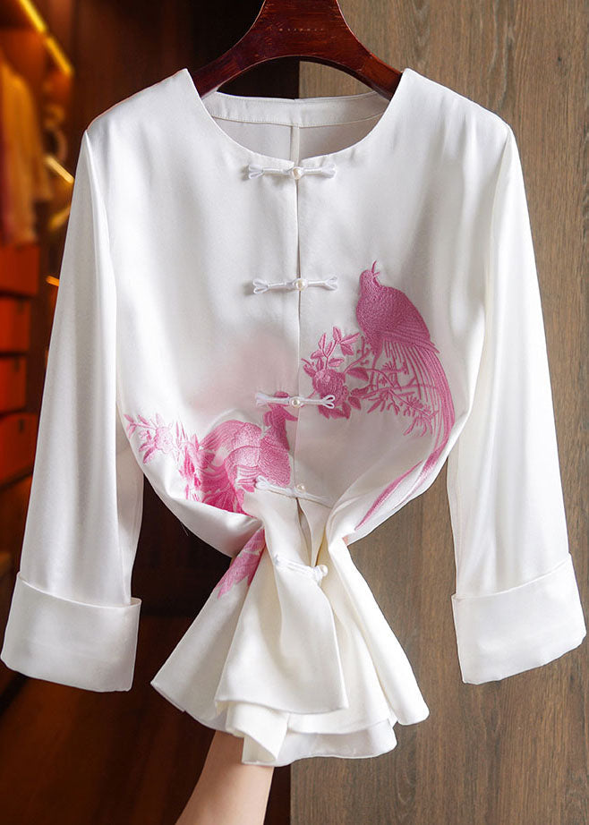 Classy Pink O-neck Embroideried Silk Top Long Sleeve