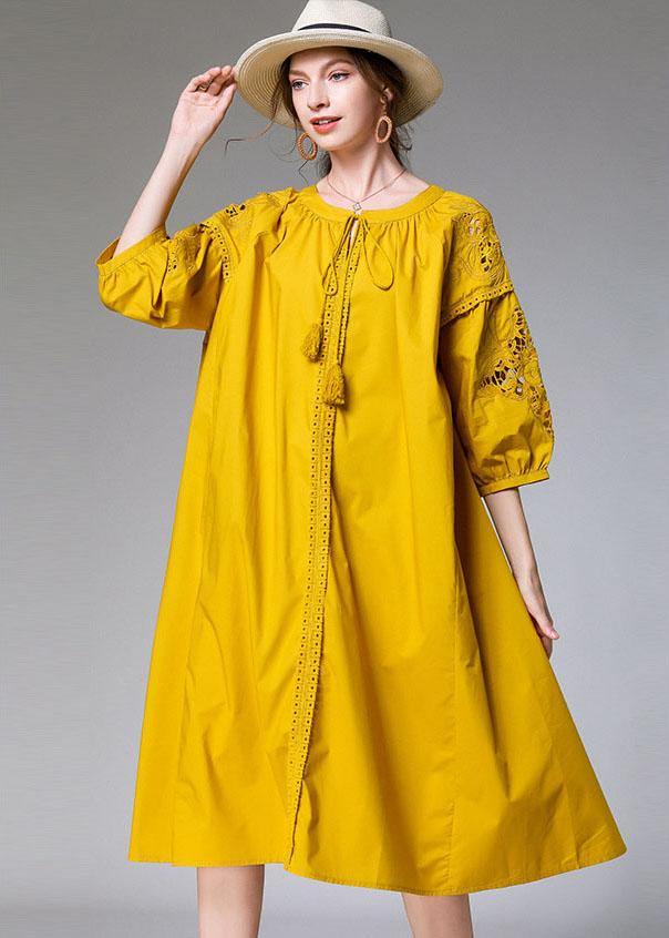 Yellow Hollow Out Embroideried Spring Three Quarter Sleeve Mid Dress