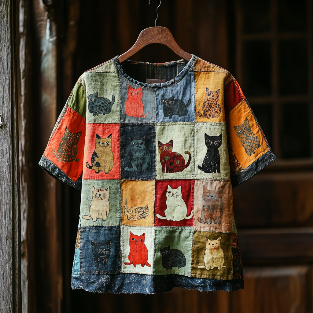 Women's Pop Art Cat Contrast Patchwork T-shirt elevenforest