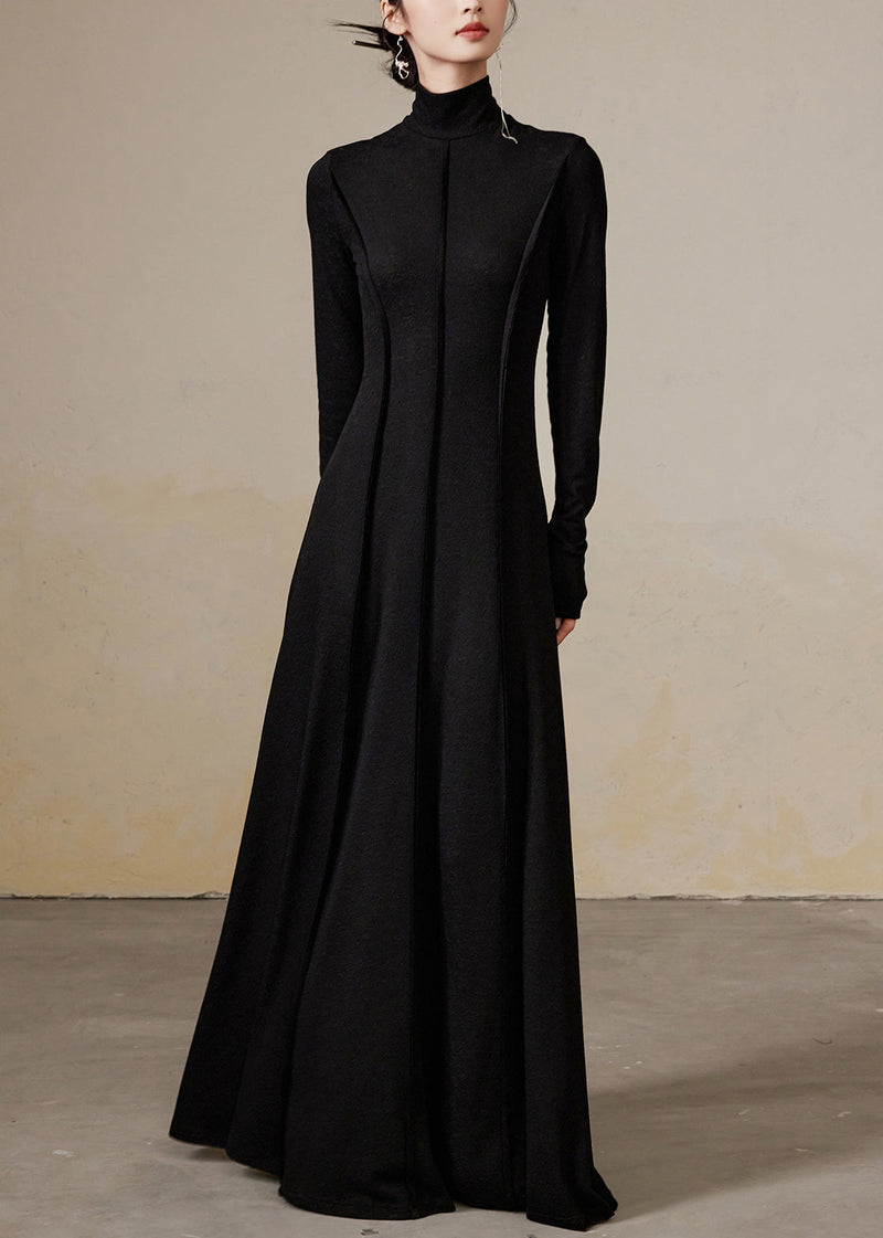Black Wrinkled Cotton Long Dresses Turtleneck