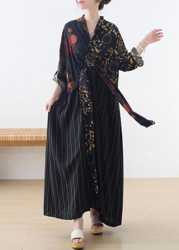 Organic Blue Print Patchwork Cotton Linen Long Dresses Summer