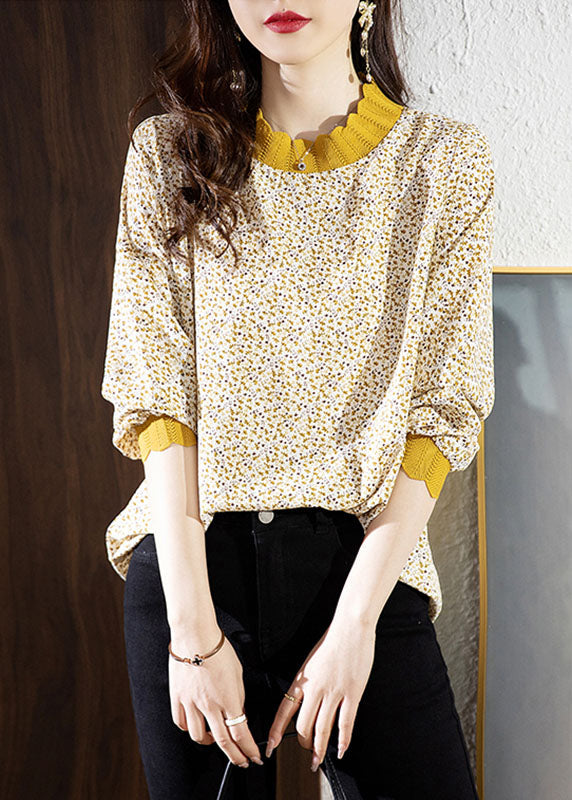 Yellow Stand Collar Print Chiffon Shirt Top Spring