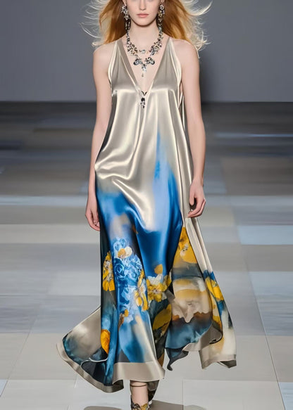 Grey Print Draping Silk Mini Dress Summer