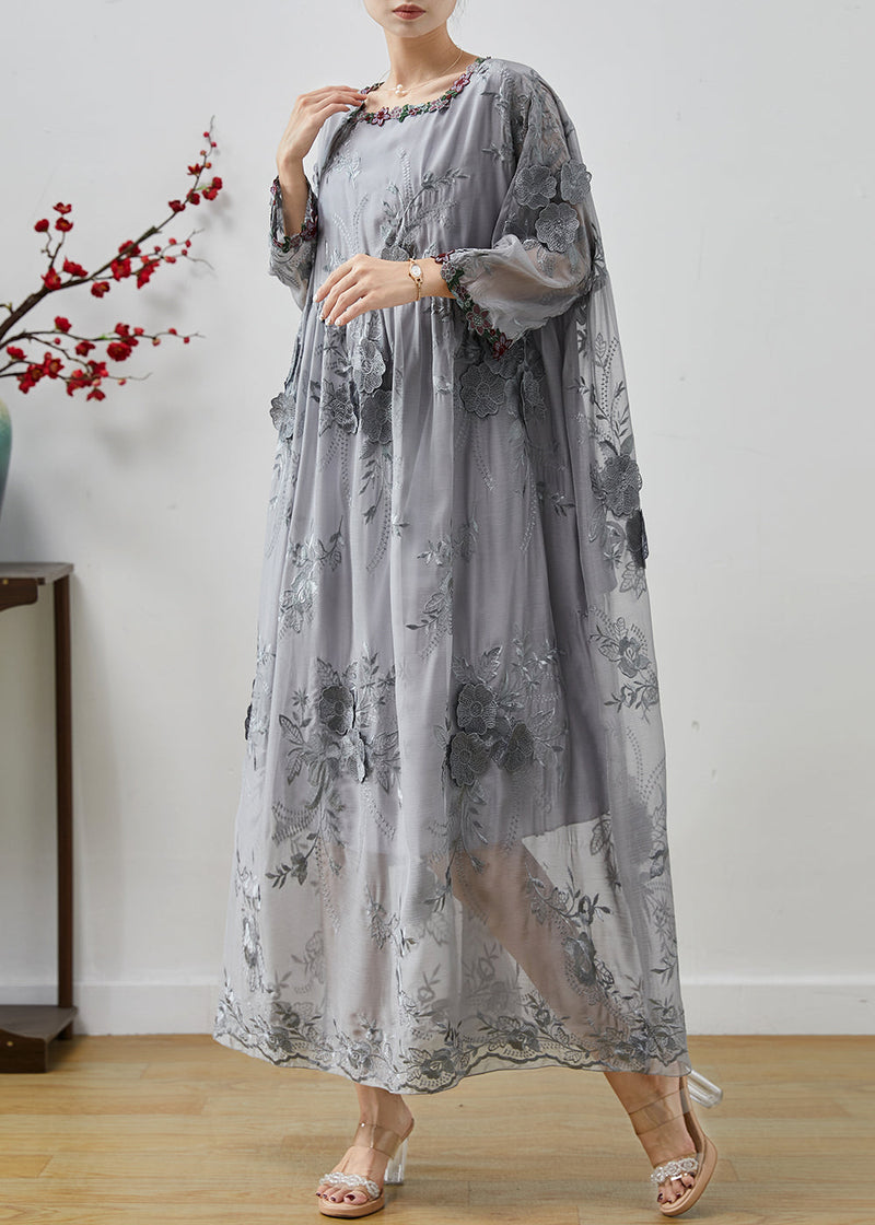 Grey Embroidered Silk Party Dress Fall