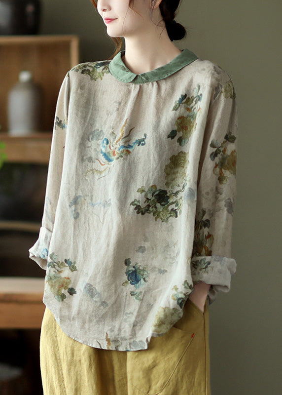 Grey Print Loose Ramie T Shirt Spring