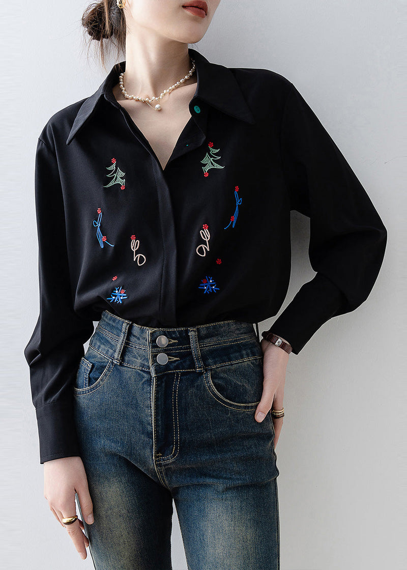Black Embroidered Chiffon Blouse Tops Spring