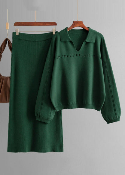 New Brown Hollow Out Tops and Skirts Knit Two Pieces Set Spring