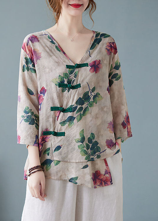 Apricot V Neck Print Shirts Half Sleeve