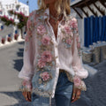 Women's Vintage Floral Embroidery Art Linen Blend Shirt artswardrobe