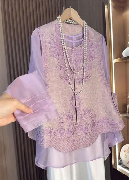 Chinese Style Purple Embroidered Waistcoat and Tops Two-piece Set Fall