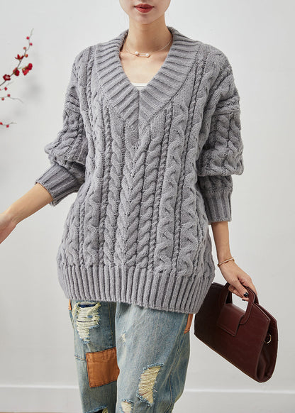 Grey Oversized Thick Cable Knit Sweater Tops Winter