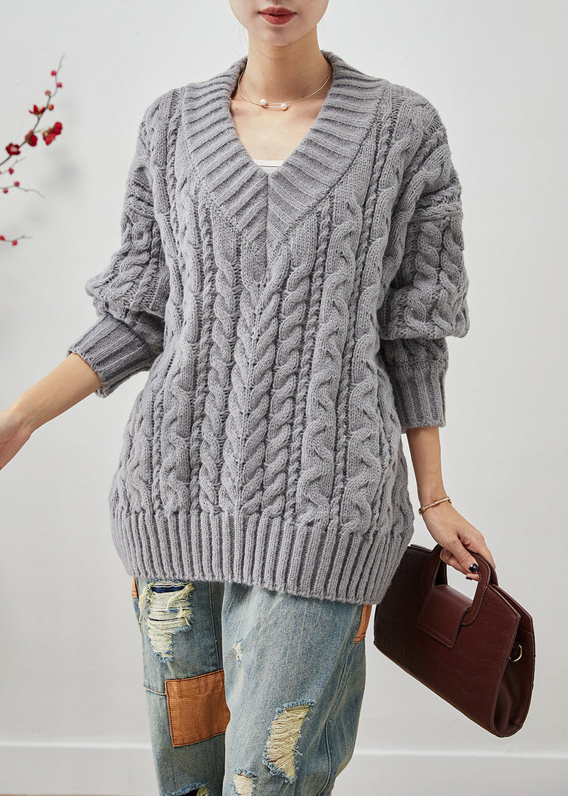 Grey Oversized Thick Cable Knit Sweater Tops Winter