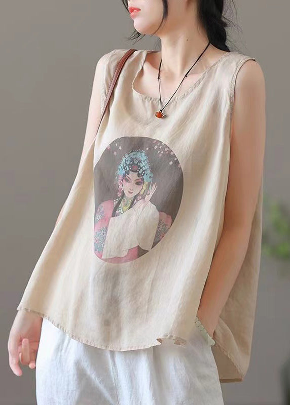 Loose Apricot O-neck Print Linen Tank Sleeveless