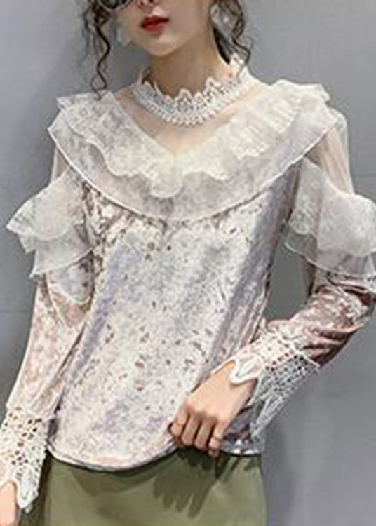 Pink Turtleneck Velour Lace Patchwork Tulle Tops Bottoming Shirt