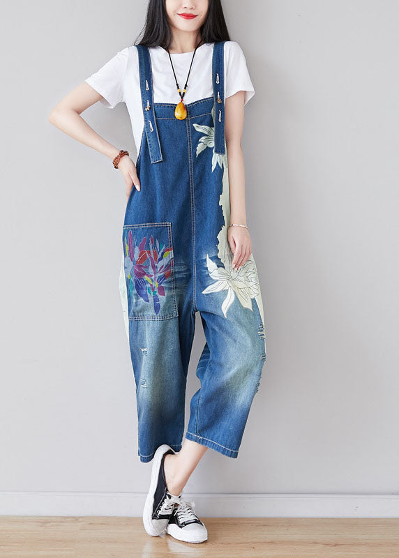 Blue Pockets Print Patchwork Jumpsuit Summer