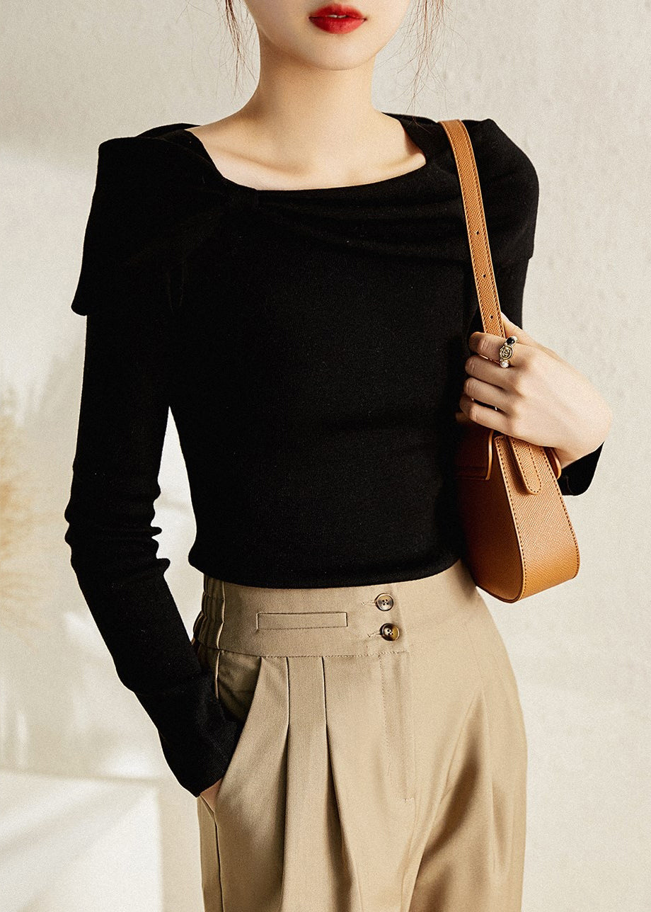 White Square Collar Bow Patchwork Cotton Knit Tops Fall
