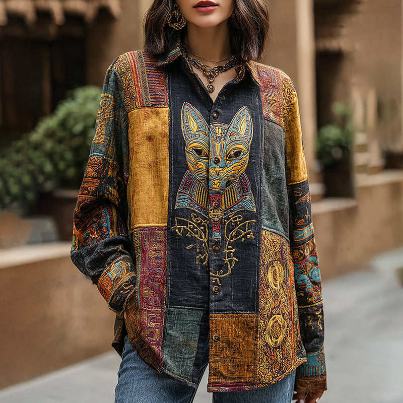 Women's Vintage Ancient Egyptian Cat Patchwork Lapel Linen Blend Shirt artswardrobe