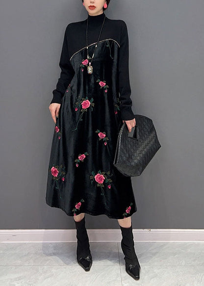 Black High Neck Embroideried Knit Patchwork Silk Velour Dress Spring