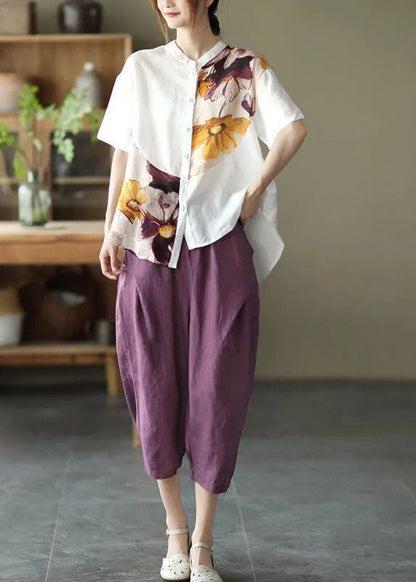 White Asymmetrical Design Print Loose Fall Shirt Half Sleeve