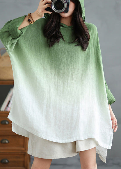 Gradient Green Hooded Linen Loose Sweatshirts Spring