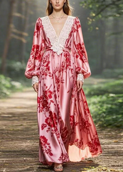 Pink V Neck Print Original Design Chiffon Long Dresses Spring