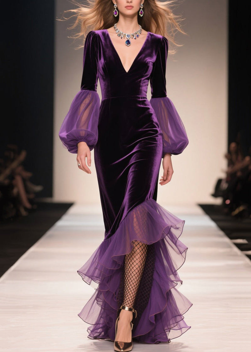 Purple V Neck Asymmetrical Ruffled Patchwork Velvet Dresses Fall