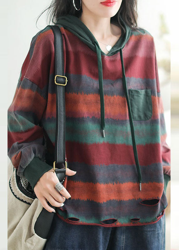 Red Drawstring Striped Hole Hooded Sweatshirt Long Sleeve
