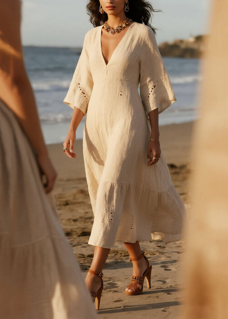 White V Neck Hollow Out Cotton Holiday Dress Summer