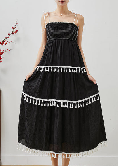 Black Tasseled Cotton Summer Spaghetti Strap Dress