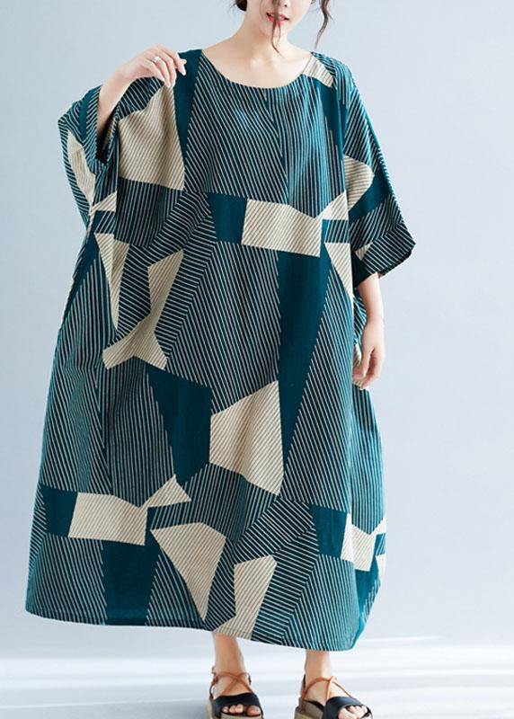 Green Striped O-neck Loose Summer Bat Wing Sleeve Summer Dress